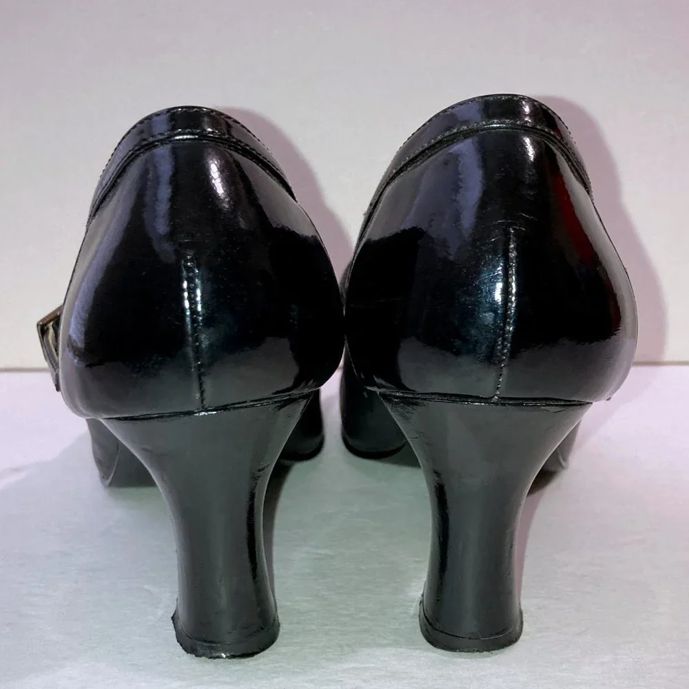 Vtg 90s Vegan Retro Style Mary Jane Heels w Patent Details Cap Toe - Picture 7 of 9